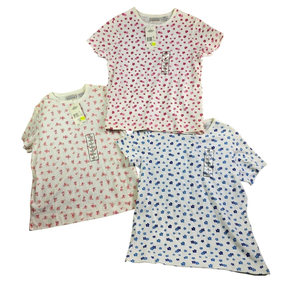 Vintage Basic Editions Henley T-Shirt Lot of 3 Women S Blue Red Floral Pointelle